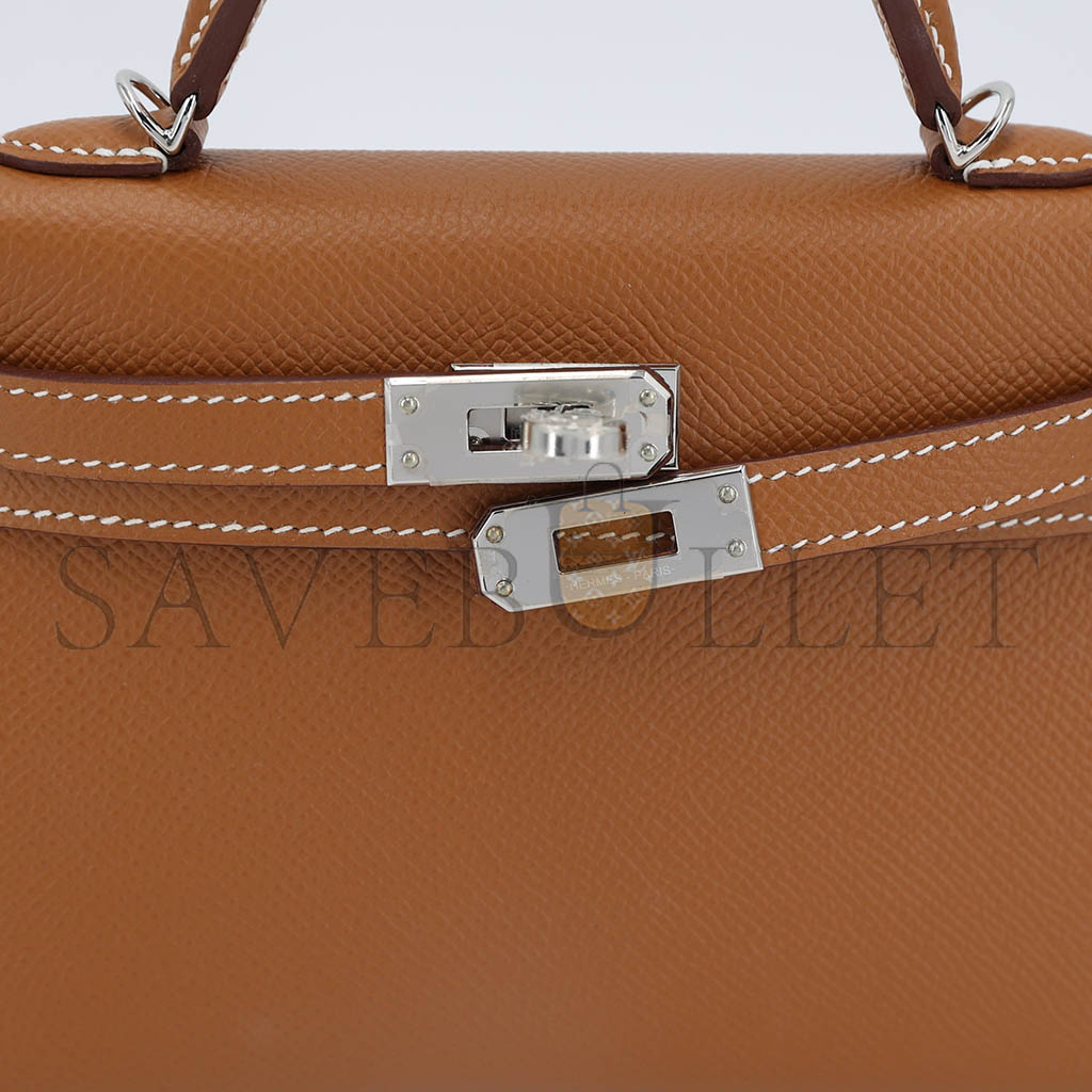 HERMÈS MINI KELLY SECOND GENERATION GOLDEN BROWN EPSOM SILVER BUCKLE (19*12*5.5cm) 